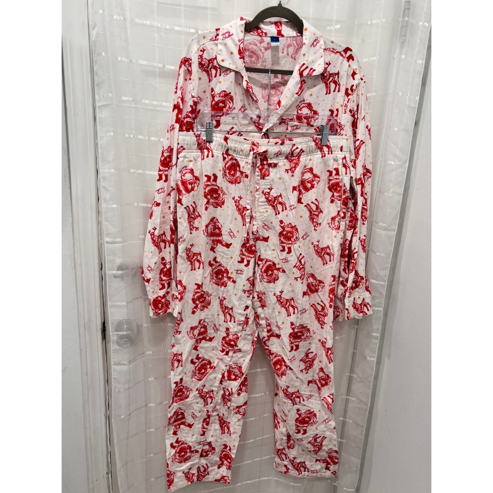 Old Navy Womens Christmas Pajama Set Santa Reindeer Red White Large